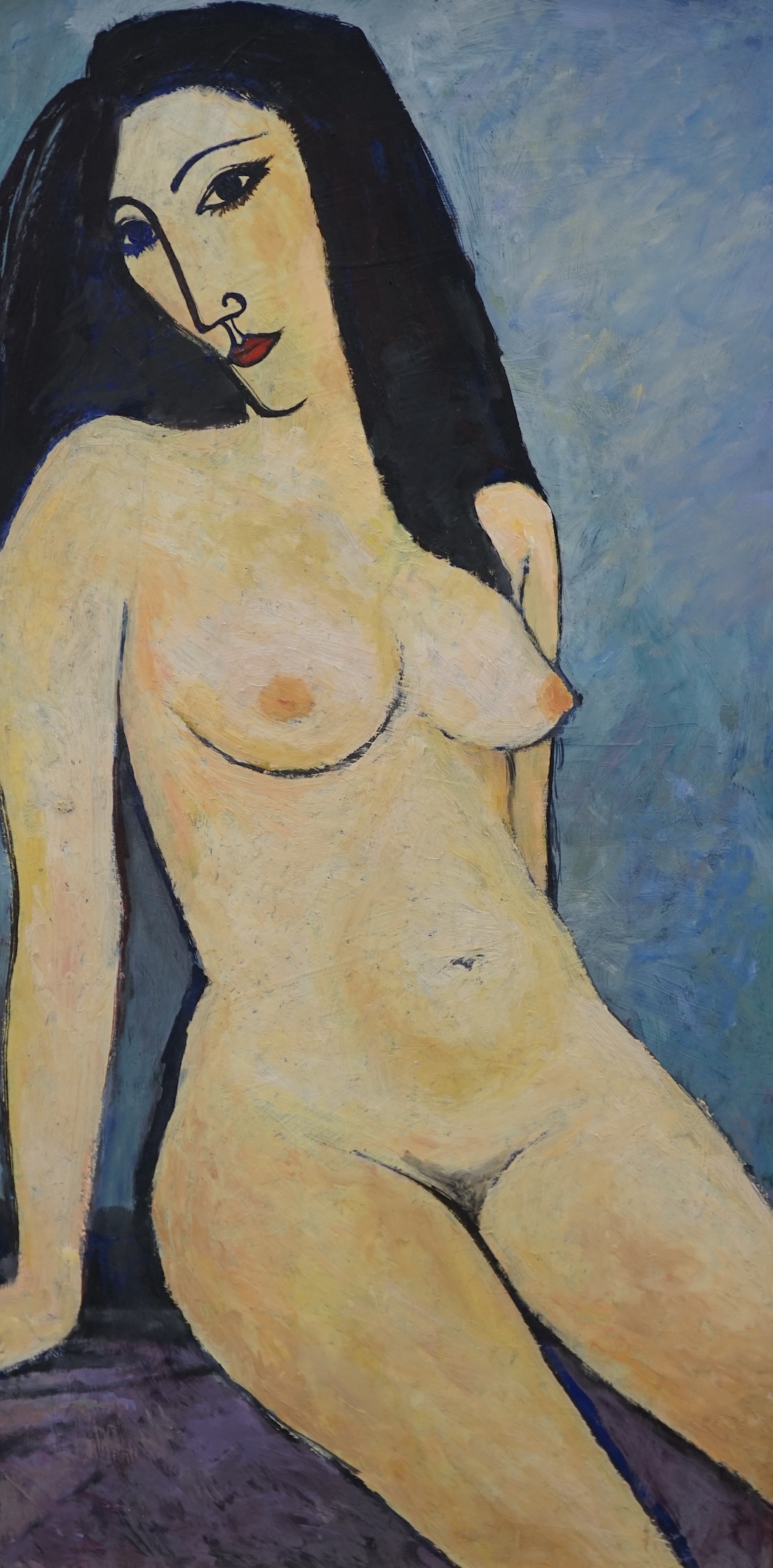 Stylised oil on board, Study of a nude female, unsigned, 101 x 51cm. Condition - good